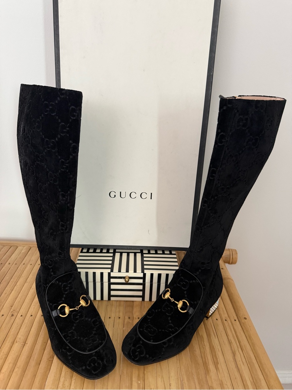 Gucci Black Velvet Nero Tall Boots with Gold Horsebit